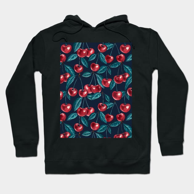 Red cherries on dark blue Hoodie by katerinamk